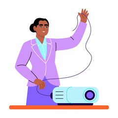 A flat style illustration showing student fixing projector