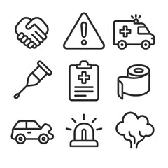 Accident Icon Set. Outline icon set of accident aftermath worry: clasped hands, exclamation triangle, ambulance, crutch, clipboard