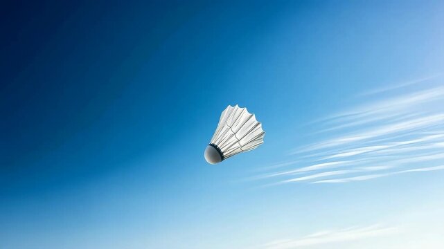 A white badminton shuttlecock is flying in the air. The shuttlecock is white and has a black stripe