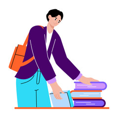 A flat style illustration showing student taking books