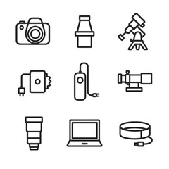 Astrophotography Gear Icons. Outline icon set of astrophotography gear: DSLR camera, telescope adapter, equatorial mount, tracking