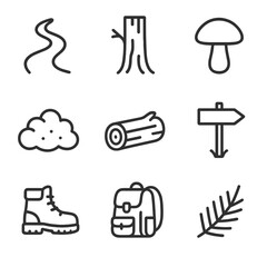 Autumn Forest Icons. Outline icon set of forest trail in autumn: winding path, tree trunk, mushroom, moss patch, fallen log, trail