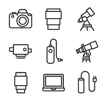 Astrophotography Gear Icons. Outline icon set of astrophotography gear: DSLR camera, telescope adapter, equatorial mount, tracking