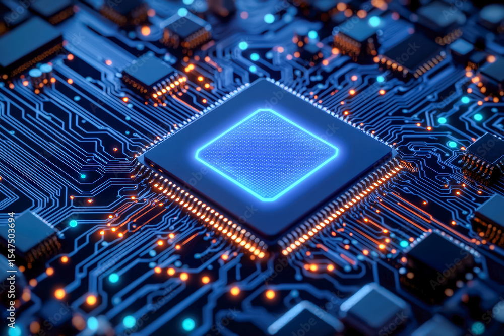 Poster close-up of a modern microprocessor on a circuit board with glowing blue and orange lights
