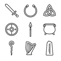 Celtic Warrior Icons. Outline icon set of Celtic warriors: broadsword, torc necklace, Celtic knot, round shield, spear, iron