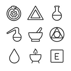 Fototapeta na wymiar Alchemical Icon Set. Outline icon set of alchemical symbols: ouroboros gear, philosopher’s stone, distillation flask, alembic pot,