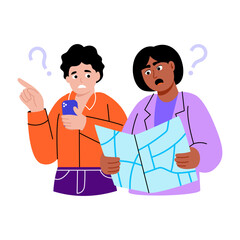 A flat style illustration showing friends searching map