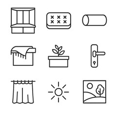 Bay Window Bench Icons. Outline icon set of bay window benches: built-in bench, tufted cushion, bolster pillow, decorative throw,