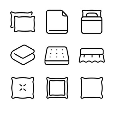 Bedding Icon Set. Outline icon set of pillow and bedding combos: pillowcase pair, fitted sheet, duvet cover, blanket fold,