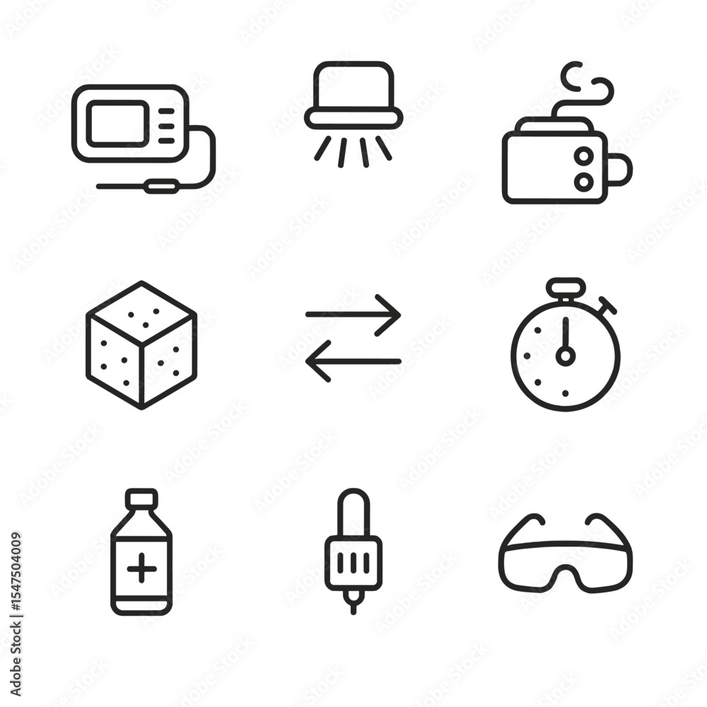 Poster accelerated curing icons. outline icon set of accelerated curing techniques: microwave probe, uv lam