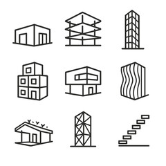 Architectural Icon Set. Outline icon set of modern architectural styles: minimalist building, concrete slab structure, glass