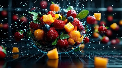 Fresh mixed berries and fruit pieces with water splashes and drops on dark background, dynamic food composition with strawberries, blueberries and citrus.