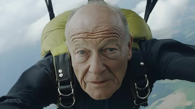 An older man is wearing a black shirt and a green backpack as he jumps out of a plane