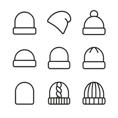 Fototapeta premium Beanie Icon Collection. Outline icon set of Types of beanies: cuffed beanie, slouchy beanie, pompom beanie, fisherman’s beanie,