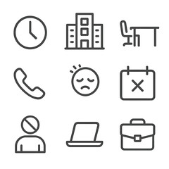 Disengaged Employee Icons. Outline icon set of disengaged employee: clock, office building, empty desk, phone, laptop, tired face,