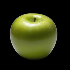 A single bright green apple with a short brown stem on a plain black background in studio lighting