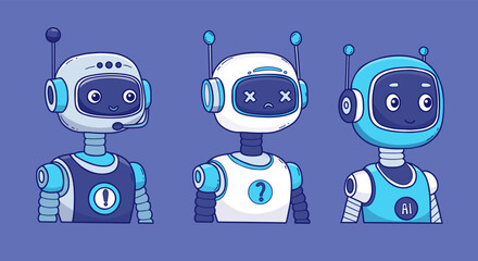 Futuristic Robot, virtual Assistant AI set. Vector color hand drawing. Isolated Avatar character for tech support, security, chatbot projects, design. Not AI