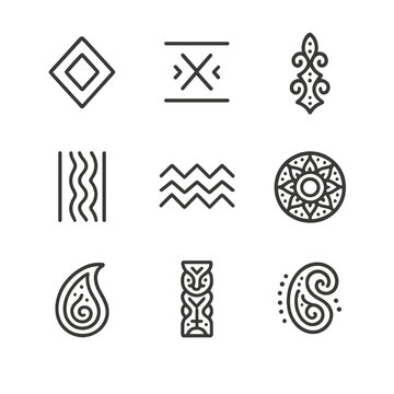 Ethnic Pattern Icons. Outline icon set of ethnic printed patterns: ikat diamond, mudcloth symbol, batik motif, kilim stripe, aztec
