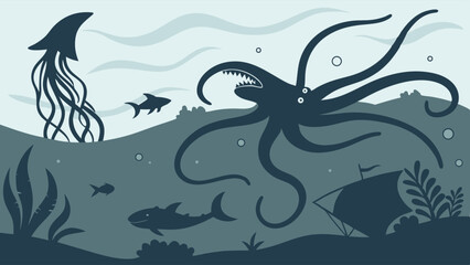 Giant kraken octopus sea monster attacks shipwreck in deep ocean with jellyfish and sharks fantasy illustration