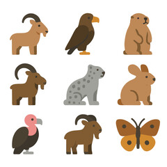 Fototapeta premium Alpine Wildlife Icons. Flat icon set of alpine wildlife spotting: mountain goat, eagle, marmot, ibex, snow leopard, pika, vulture,
