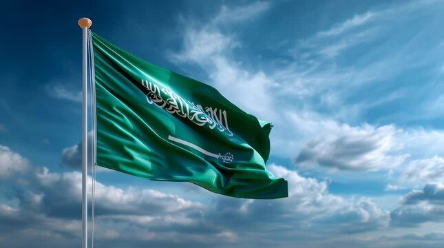 The Saudi Arabian flag flutters beautifully in the wind against a bright blue sky.