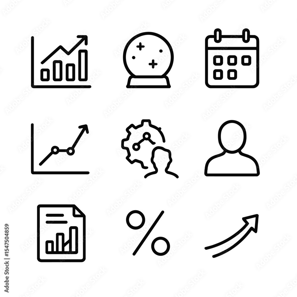 Poster demand forecasting icons. outline icon set of demand forecasting flowchart: data chart, crystal ball