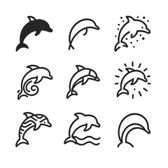 Naklejka premium Dolphin Jump Icon Set. Outline icon set of artistic dolphin jump styles: minimalist silhouette, monoline curve, splash watercolor,