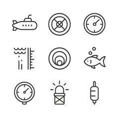 Deep-Sea Icon Set. Outline icon set of deep-sea pressure: submarine silhouette, hatch, depth gauge, water column, pressure hull,