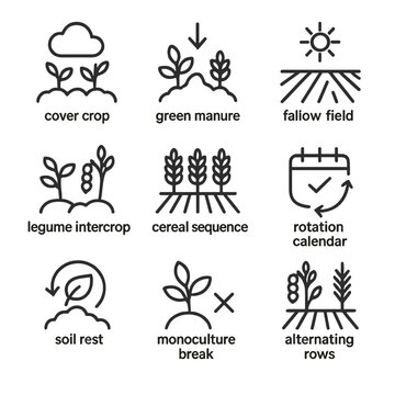 Crop Rotation Icons. Outline icon set of crop rotation practices: cover crop, green manure, fallow field, legume intercrop, cereal
