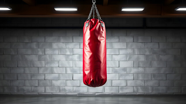 Red punching bag hanging in a boxing gym representing fitness and training - Powered by Adobe