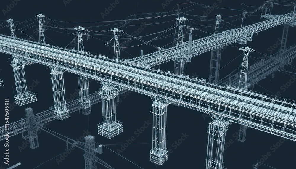 Poster blueprint of a complex railway bridge system