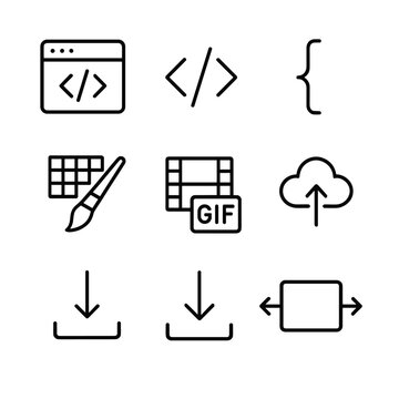 DIY Net Art Tools. Outline icon set of DIY net art tools: code editor window, HTML tag, CSS bracket, JavaScript icon, pixel