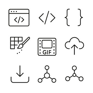 DIY Net Art Tools. Outline icon set of DIY net art tools: code editor window, HTML tag, CSS bracket, JavaScript icon, pixel