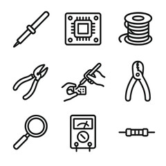 Fototapeta premium Electronics Workshop Icons. Outline icon set of electronics soldering workshop: soldering iron, circuit board, solder wire, pliers