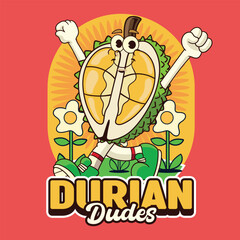Cute Durian fruit 70s retro comic cartoon character illustration
