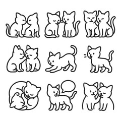 Kitten Interaction Icons. Outline icon set of kitten social interactions: nose touch, head bump, tail wrap, mutual grooming, play