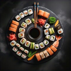 A circular arrangement of assorted sushi rolls on a dark plate with chopsticks and soy sauce
