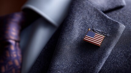 Stylish suit adorned with American flag pin during a formal event at a prestigious venue in the evening