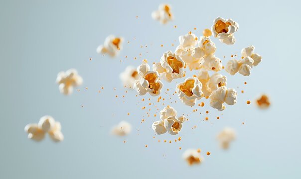 Fresh popcorn kernels floating and exploding in mid-air against light background, dynamic food photography capturing motion and texture in soft lighting.