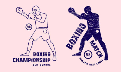 Boxing championship emblem for t-shirt. Graphic design with rough texture. Blue print on pink background