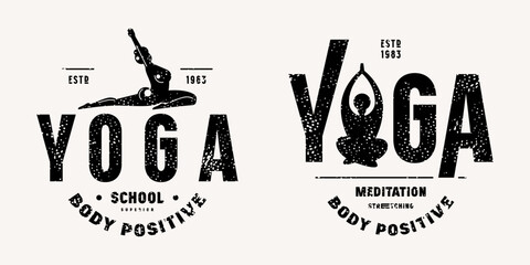 Body positive yoga class emblem. Graphic design with typographic and silhouettes of girl in asana. Brown print with rough texture on white background