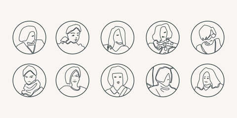 illustration of girls avatars. Hand-drawn graphics in thin line stile. Isolated on white background