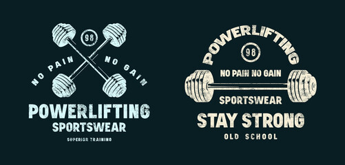 Emblem for powerlifting club. Graphic design with rough texture for t-shirt. Blue print on dark background