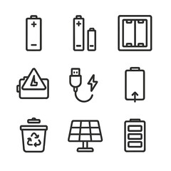 Battery Icon Set. Outline icon set of battery and power indicators: AA battery, AAA battery, battery compartment, low-battery