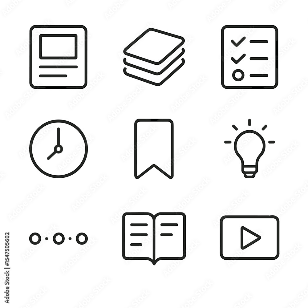 Poster microlearning icon set. outline icon set of microlearning modules: module card, flashcard stack, che