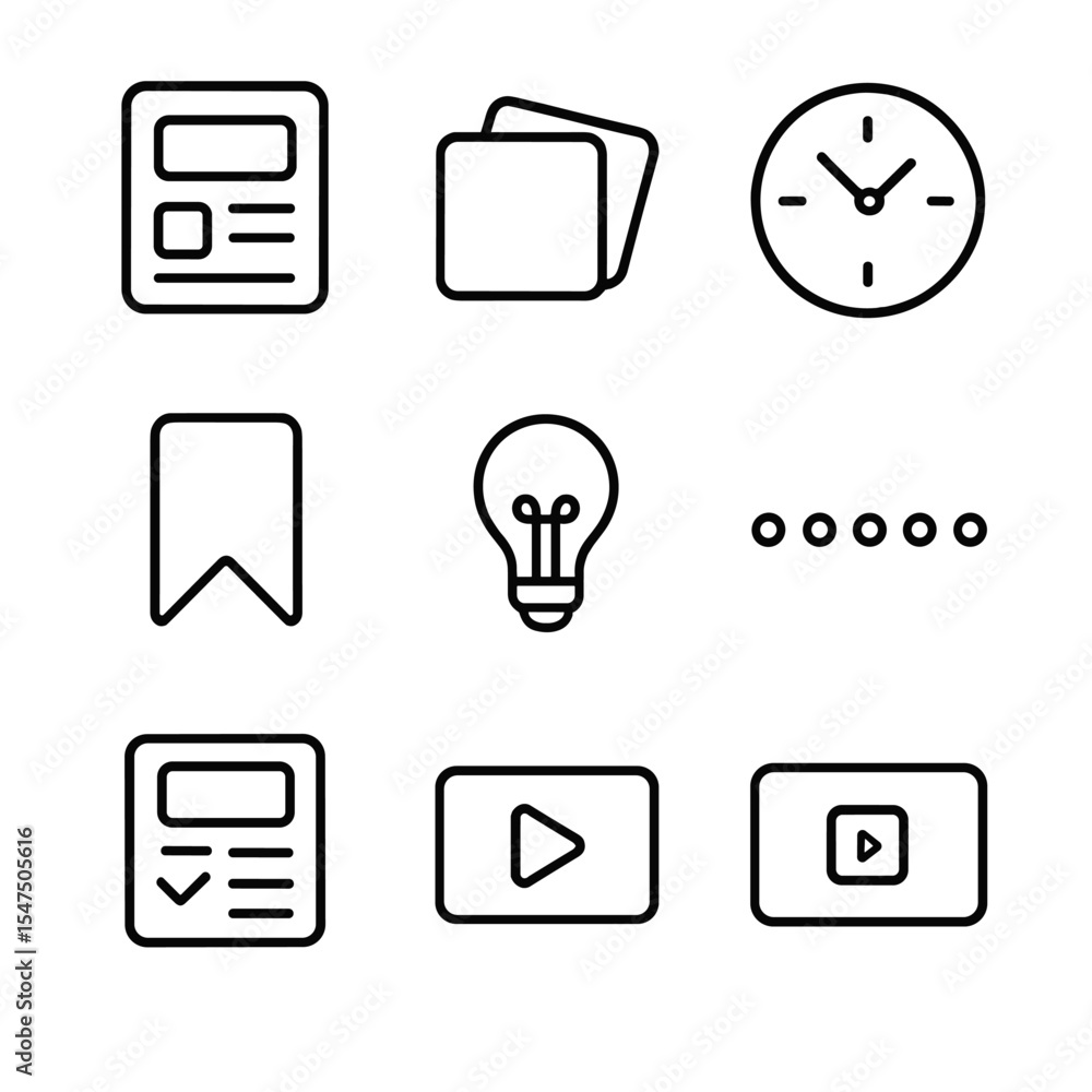 Aufkleber microlearning icon set. outline icon set of microlearning modules: module card, flashcard stack, che