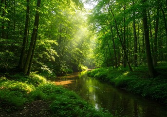 Sunlit Stream in Lush Green Forest Serene Nature Photography