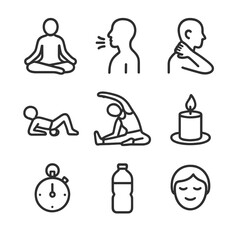 Obraz na płótnie Canvas Mindful Cool-Down Icons. Outline icon set of mindful cool-down at home: meditation pose, deep breathing, neck massage, foam