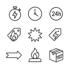 Flash Sale Icon Set. Outline icon set of flash sales: lightning bolt timer, countdown clock, “24h” badge, rapid fire tag, sale