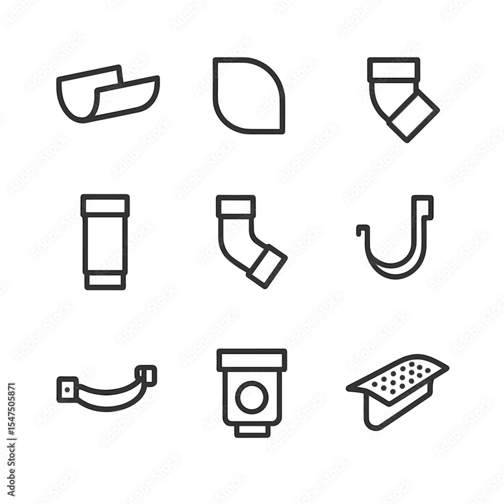 Poster gutter icons set. outline icon set of gutter components: gutter section, end cap, corner piece, down